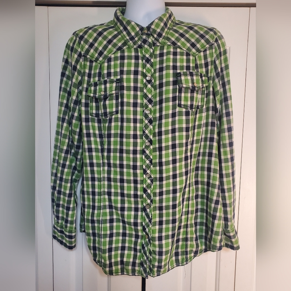 Old Navy Mens XXL Western Flannel Shirt Green Plaid Long Sleeve Pearl Snap